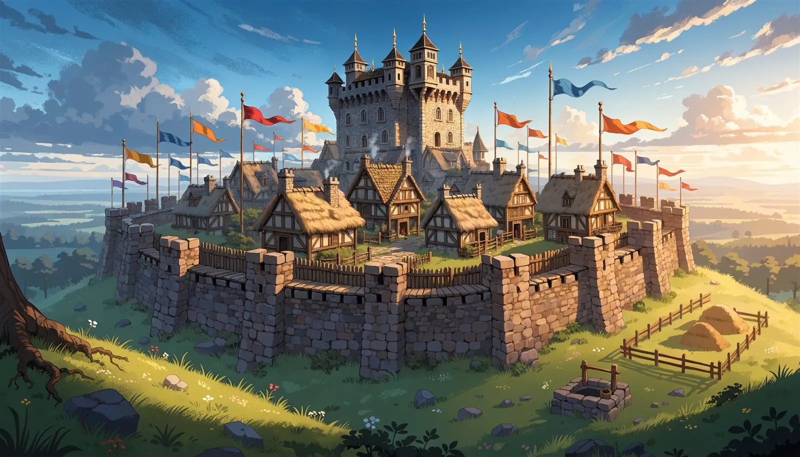 A fortified LOS village with walls and banners.